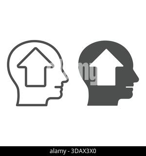 Man head with up arrow line and solid icon, psychology concept. Vector graphics. Human mind structure uplifting sign on white background, outline styl Stock Vector