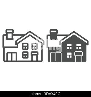 Two storey house with garage line and solid icon, real estate concept. Vector graphics. Cottage building sign on white background, outline style icon Stock Vector