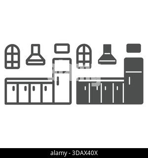 Kitchen furniture line and solid icon, house interior concept. Vector graphics. Drawers, refrigerator, hood, window sign on white background, outline Stock Vector