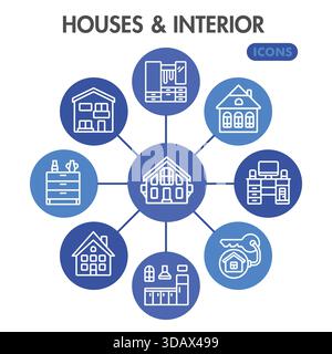 House interior collection or sketches. interior design theme icons in line style signs for web and app. Vector graphics isolated on white background Stock Vector