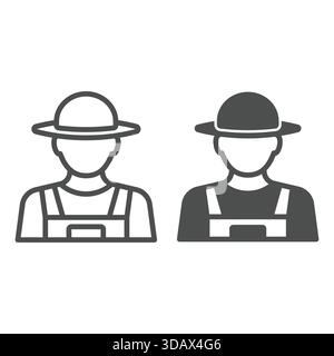 Farmer man in uniform with hat line and solid icon, wheat production concept. Vector graphics. Human avatar of farm worker sign on white background, o Stock Vector