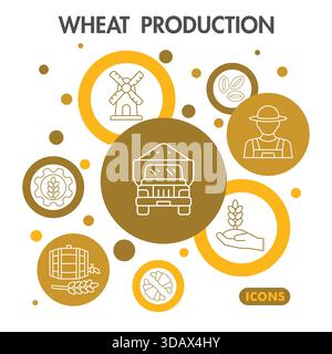 Wheat production collection or sketches. flavor product theme icons in line style signs for web and app. Vector graphics isolated on white background Stock Vector