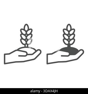 Wheat plant in hand line and solid icon, wheat production concept. Vector graphics. Grain ear of wheat in hand palm sign on white background, outline Stock Vector