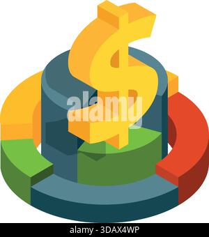 A yellow dollar sign is on top of a multi-colored pie chart Stock Vector