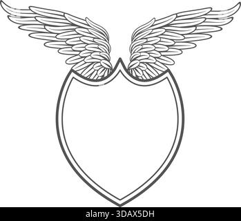A black and white drawing of a winged shield with a heart in the center Stock Vector