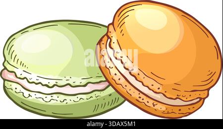 Two macarons with one being green and the other being orange Stock Vector