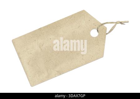 Photo of a beige craft paper tag with twine, blank label isolated on white background, cut out for retail pricing, gift, packaging Stock Photo