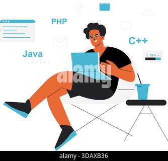 A man is sitting on a chair with a laptop in front of him Stock Vector