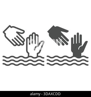 Rescuer hand help drowning man line and solid icon, human rescue concept. Vector graphics. Water safety sign on white background, outline style icon f Stock Vector
