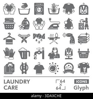 Laundry service collection or sketches. housework theme icons in glyph style signs for web and app. Vector graphics isolated on white background Stock Vector