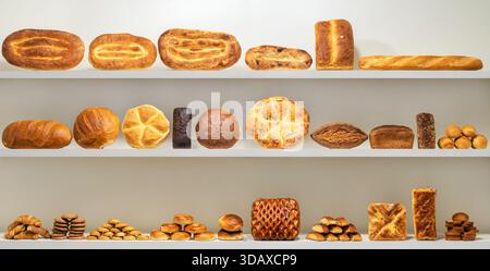 Yerevan Armenia 12.5.2025. A shelf full of different types of bread and pastries. The breads are arranged in rows and the pastries are scattered throu Stock Photo