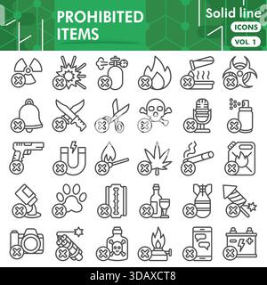 Prohibition and items not allowed icons at airport. Line icons Stock ...