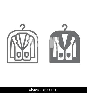 Jacket in plastic bag on hanger line and solid icon, laundry service concept. Vector graphics. Clothes dry cleaning, washing sign on white background, Stock Vector