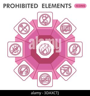 Prohibited elements collection or sketches. forbidden element theme icons in line style signs for web and app. Vector graphics isolated on white backg Stock Vector