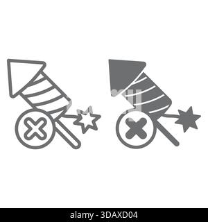 Firecracker rocket stick ban line and solid icon, prohibited items concept. Vector graphics. Fireworks burning forbidden sign on white background, out Stock Vector