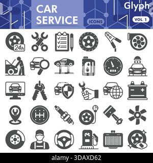 Car service collection or sketches. vehicle repair theme icons in glyph style signs for web and app. Vector graphics isolated on white background Stock Vector