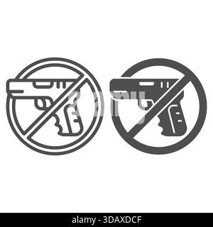 Pistol gun ban line and solid icon, prohibited elements concept. Vector graphics. Gun shooting forbidden sign on white background, outline style icon Stock Vector