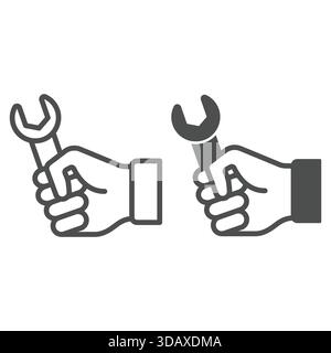 Hand with wrench tool line and solid icon, car service concept. Vector graphics. Wrench, repair tool in hand sign on white background, outline style i Stock Vector