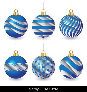 stock vector set of blue christmas balls with silver texture design ornament holiday decoration Stock Vector