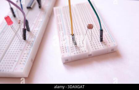 Electronic circuit prototype with photoresistor. Focused on LDR. Stock Photo