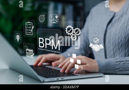 Business process management (BPM) concept. Hands typing on laptop with icons showing workflow automation, task optimization, data analysis, Stock Photo