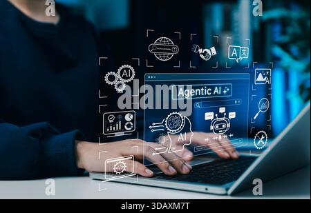Agentic AI technology concept. Woman using laptop with artificial intelligence interface, machine learning, automation tools, data analysis and smart Stock Photo