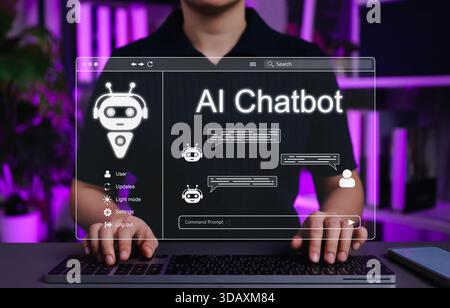 AI chatbot technology concept. Person typing with chat window representing artificial intelligence, generative AI, assistant, AI agents, customer Stock Photo