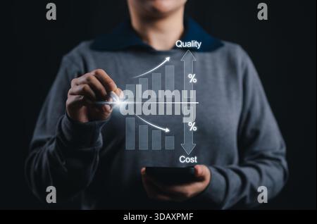 Business efficiency concept. Person using digital chart increasing quality and decreasing cost, symbolizing business growth, efficiency improvement, Stock Photo