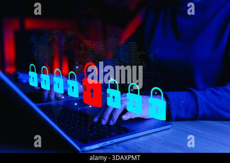 Cybersecurity Breach and Data Protection Concept. Unlocked red padlock among secured blue ones symbolizing cyberattack, data breach, online threat, Stock Photo