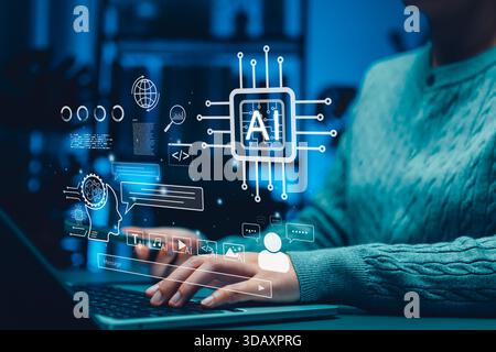 Artificial intelligence concept. Person using laptop with digital interface icons and AI processor representing machine learning, chatbot, smart data Stock Photo
