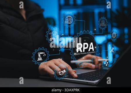 Robotic Process Automation (RPA) concept with virtual interface and RPA automation icons on screen, showing digital transformation, workflow efficienc Stock Photo