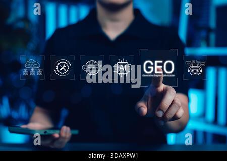 Generative Engine Optimization (GEO) concept with AI icons and chatbot interface, illustrating modern digital marketing and search engine strategies Stock Photo