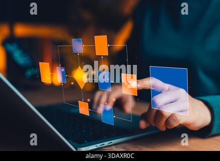 Business process automation and workflow diagram concept. Person touching flowchart interface, representing system integration, task management, Stock Photo