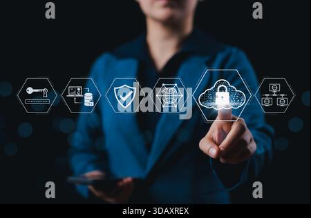 Cloud Security and Data Protection Concept. Businessperson touches icon of cloud with lock, symbolizing secure cloud computing, data encryption, cyber Stock Photo