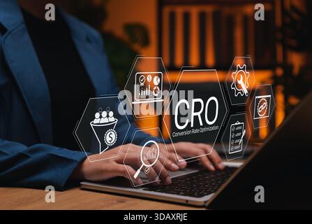 Conversion Rate Optimization (CRO) concept. Digital marketing icons, showing strategy, analytics, funnel, settings, representing online business Stock Photo