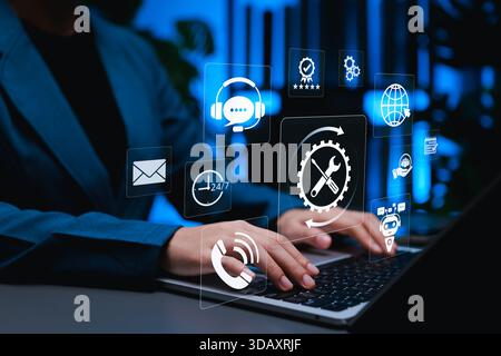 Technical support and customer service concept. Digital icons of tools, headset, 24/7 help, email, chatbot, global access, represent IT support, Stock Photo
