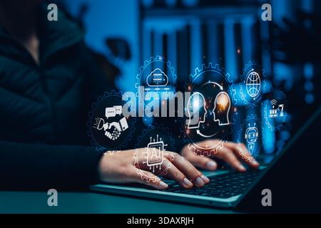Human and AI Knowledge Transfer and Collaboration Concept. Person using laptop with icons showing human brain and AI brain, Stock Photo