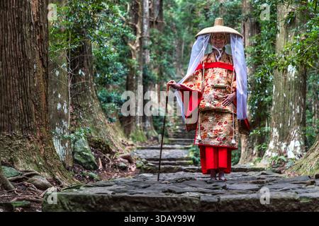 Tourist in a rented kimono on the Daimon-zaka section of the Kumano Kodo. This section of the pilgrimage route at Kumano Nachi Taisha literally means "great gate slope" and consists of 267 original stone steps. Popular photo opportunity for the Heian period attire experience. Person dressed in traditional Japanese clothing on the rocky Kumano Kodo pilgrimage route in Nachikatsuura. Wakayama Prefecture, Japan Stock Photo