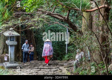 Dressed in kimonos like in the Heian period, tourists become an attraction for other tourists here on Daimon-zaka near Kumano Nachi Taisha. Tourists photograph a person dressed in traditional Japanese clothing on the rocky Kumano Kodo pilgrimage route in Nachikatsuura. Wakayama Prefecture, Japan Stock Photo