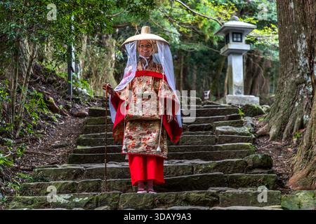 Daimon-zaka, with its 267 historic stone steps near Nachi Taisha, ranks among the most beautiful photo spots on the Kumano Kodo pilgrimage route. A tourist in a rented Heian-style kimono pauses on the steps in Nachikatsuura, Wakayama Prefecture, Japan. Stock Photo