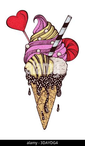 Colorful Ice Cream Cone with Candy Festive Birthday Isolated