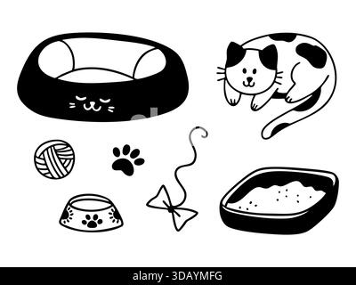 Hand drawn cat accessories set in outline doodle style. Vector collection of pet care illustrations.  Stock Vector