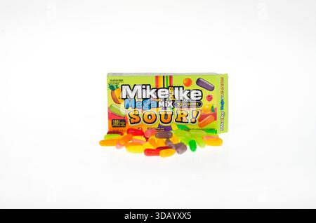 Opened box of Mike and Ike Sour Mega Mix Candies on white background isolated, USA Stock Photo