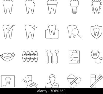 Dental and Oral Hygiene Thin Line Icons Set. Vector Outline Symbols for Teeth, Dentist, Implants, Tools, and Health Care. Stock Vector