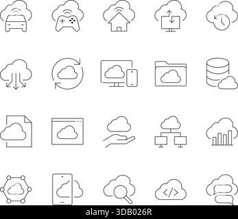 Cloud Computing and Data Storage Thin Line Icons Set. Vector Outline Symbols for Digital Networking, Synchronization, Server, and Technology. Stock Vector