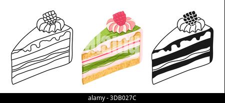 Piece of Cake with raspberry colorful dripping glaze texture symbol cartoon set. Sweet holiday dessert pie linear doodle icon. Abstract cake simple stylized contour sign Vector illustration Stock Vector