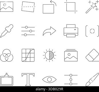 Photography and Photo Editing Thin Line Icons Set. Vector Outline Symbols for Camera, Image Adjustment, Filter, Crop, and Retouching. Stock Vector