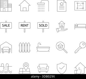 Real Estate and Property Thin Line Icons Set. Vector Outline Symbols for House Sale, Rent, Mortgage, Housing Market, and Home Ownership. Stock Vector