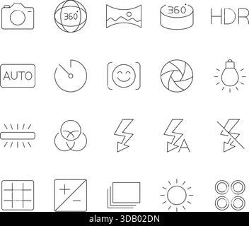 Photography and Camera Thin Line Icons Set. Vector Outline Symbols for Photo Settings, Lighting, Aperture, Effects, and Digital Image Capture. Stock Vector