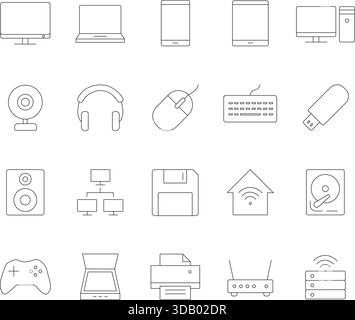 Computer and Hardware Thin Line Icons Set. Vector Outline Symbols for PC, Desktop, Peripherals, Network, Data Storage, and Digital Technology. Stock Vector